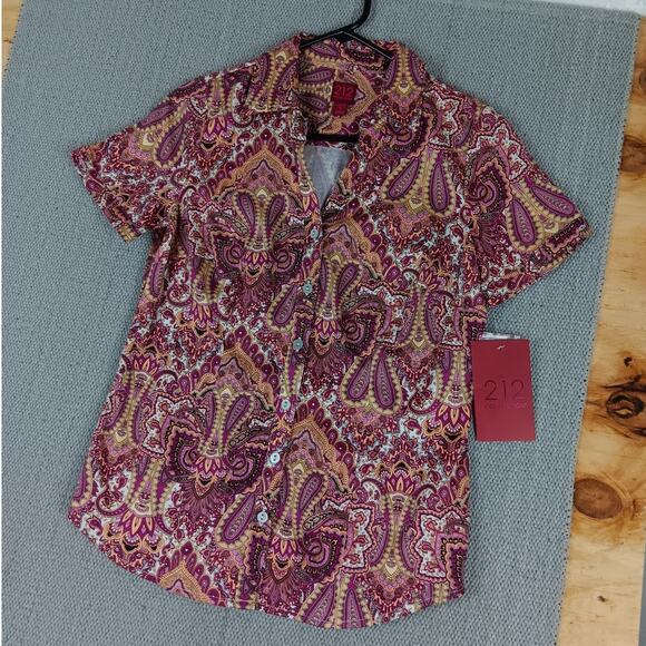 212 Collection Button Up Blouse Womens Extra Small Purple Paisley Stretch Casual - Picture 2 of 15